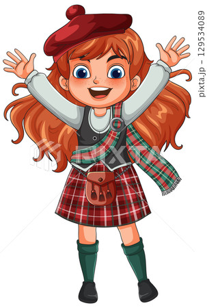Happy Redheaded Girl in Traditional Scottish Attire 129534089