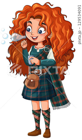 Red-Haired Girl in Tartan Dress Blowing Bubbles 129534091