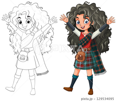 Smiling Girl in Traditional Scottish Highland Dress with Arms Raised 129534095