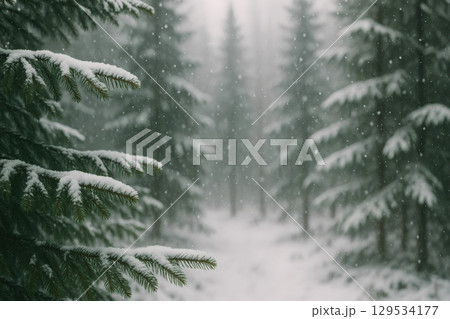 A Captivating Winter Forest Scene with Snow-Covered Evergreen Trees 129534177