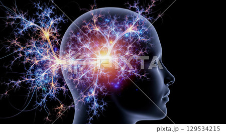 Artificial intelligence concept, human brain profile with glowing neural network, neurons and synapses firing, futuristic technology mind power, innovation and machine learning idea 129534215
