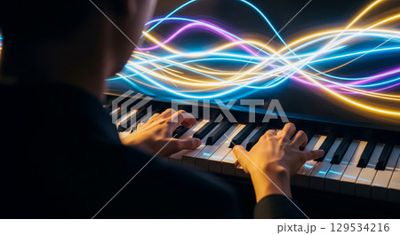Musician playing piano with glowing abstract light trails representing sound waves. Creative concept of music, inspiration and performance on digital keyboard 129534216