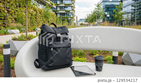 Black backpack with tablet and reusable coffee cup on modern city bench. Urban student or freelancer lifestyle with green buildings in the background 129534217