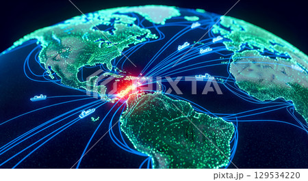 Global logistics and worldwide shipping concept with glowing network lines on planet Earth. International trade routes with cargo ships for import and export 129534220