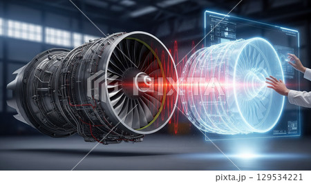 Engineer using augmented reality to analyze a jet engine with a holographic interface. Aerospace technology and innovation in manufacturing and maintenance concept 129534221
