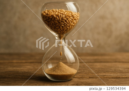 Hourglass filled with wheat grains turning to sand, symbolizing drought, crop failure 129534394