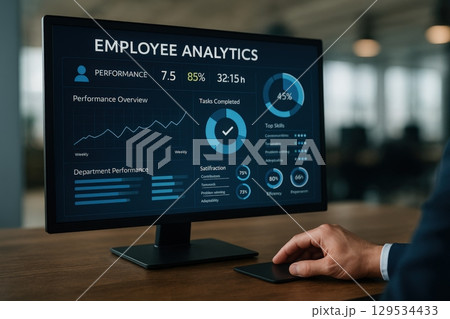 Office worker analyzing employee performance metrics on a desktop monitor 129534433