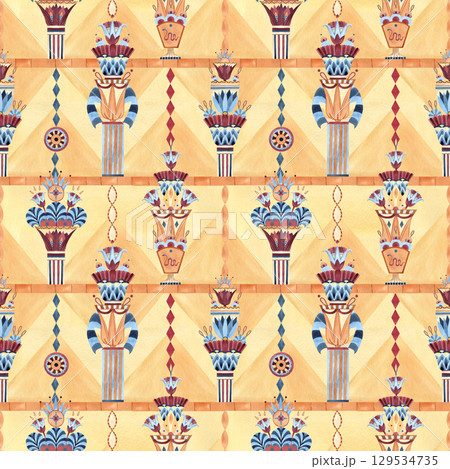 Egyptian sacred lotus ancient vase seamless pattern. Oriental symbols, ornament abstract pyramids, column. Watercolor colorful illustration isolated on yellow background. Souvenir products, textile 129534735