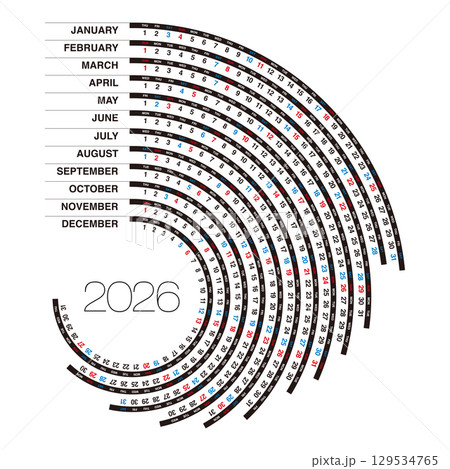 2026年の年間カレンダー 日本の祝日表記は無し 129534765