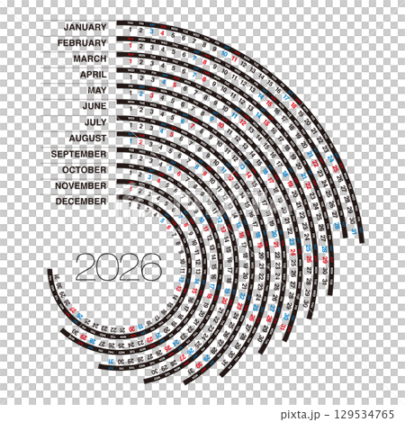 2026年の年間カレンダー 日本の祝日表記は無し 129534765