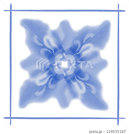 Watercolor blue floral pattern in Mediterranean style,seams of ceramic tile in blue color,imitation ceramic tile.Loose abstract botanical motif.For textiles,ceramics.Hand drawn illustration on white 129535187