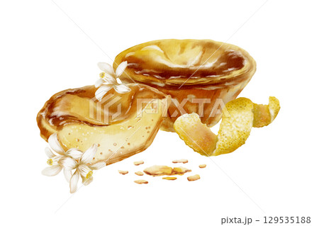 Halved and whole pasteis de nata with textured creamy custard and crumbs-traditional Portuguese dessert with lemon peel,zest spirals,lemon trees flowers.Watercolor illustration isolated on white Halved and whole pasteis de nata with textured creamy custard and crumbs-traditional Portuguese dessert with lemon peel,zest spirals,lemon trees flowers.Watercolor illustration isolated on white 129535188