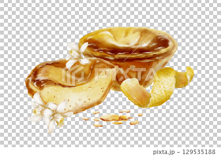 Halved and whole pasteis de nata with textured creamy custard and crumbs-traditional Portuguese dessert with lemon peel,zest spirals,lemon trees flowers.Watercolor illustration isolated on white Halved and whole pasteis de nata with textured creamy custard and crumbs-traditional Portuguese dessert with lemon peel,zest spirals,lemon trees flowers.Watercolor illustration isolated on white 129535188