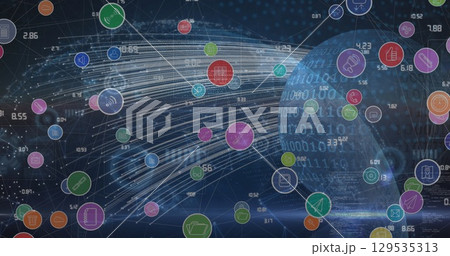 Image of network of digital icons and data processing against light trails over globe 129535313