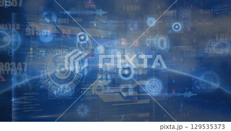 Image of diverse data and processing circles on digital screens and blue background Image of diverse data and processing circles on digital screens and blue background 129535373