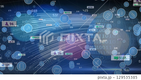 Image of network of connections with icons over data processing Image of network of connections with icons over data processing 129535385