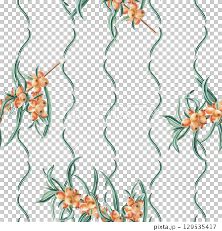 Seamless pattern with branches of ripe, juicy sea buckthorn. Watercolor illustration for packaging design, printing on fabric and kitchen textiles, dishes. 129535417