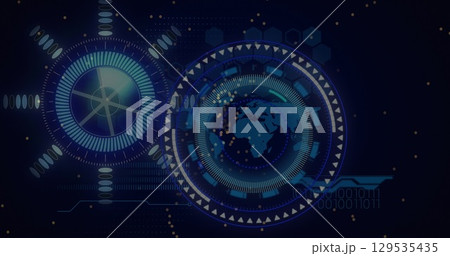 Image of processing circle, globe and dots moving on black background Image of processing circle, globe and dots moving on black background 129535435