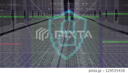 Security padlock icon and data processing over low section of engineer walking in server room Security padlock icon and data processing over low section of engineer walking in server room 129535438