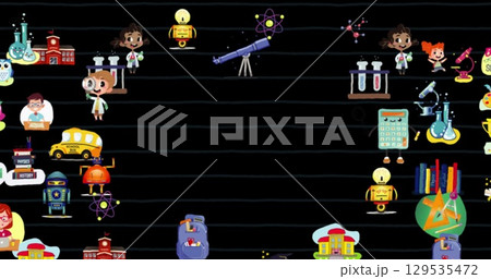 Image of science illustrations over dark background Image of science illustrations over dark background 129535472
