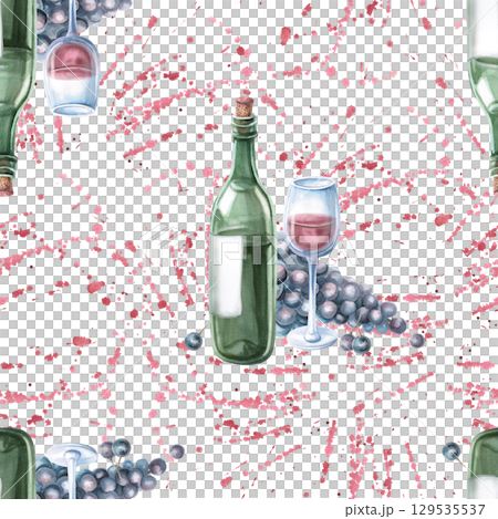 Seamless pattern with a bottle of red wine and a bunch of grapes on a splash background. Watercolor illustration for packaging design, wine list, printing on fabric and kitchen textiles, dishes. Seamless pattern with a bottle of red wine and a bunch of grapes on a splash background. Watercolor illustration for packaging design, wine list, printing on fabric and kitchen textiles, dishes. 129535537