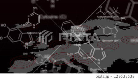 Image of science data processing with world map over black background 129535538