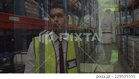 Image of data processing over people working in warehouse 129535555