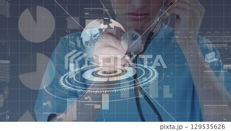 Image of data processing and globe over caucasian female doctor Image of data processing and globe over caucasian female doctor 129535626