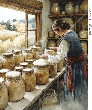 woman carefully arranges jars filled various ingredients on shelves in rustic kitchen. window offers view of rolling hills clear sky during day. 129535667