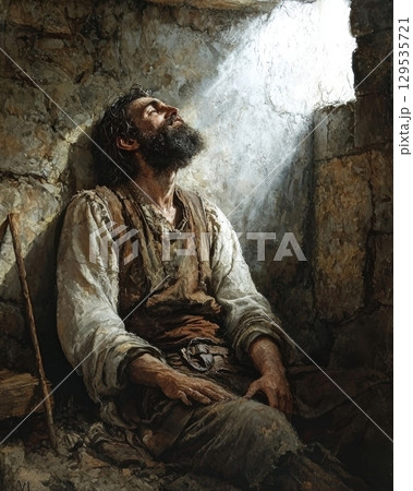 tired man sits against rough stone wall dim light streaming in from small opening above. His expression reflects mix of hope and despair during quiet time of day. 129535721