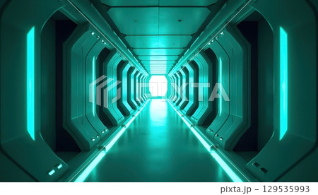 Balanced Digital Corridor Bathed in Sci-Fi Glow 129535993