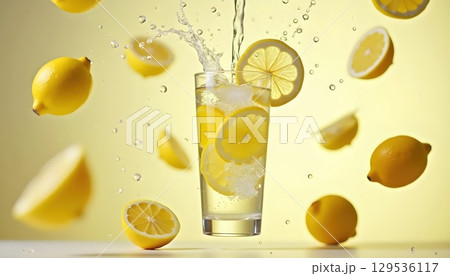 Fresh Citrus Drink With Sliced Lemon Splash Motion 129536117