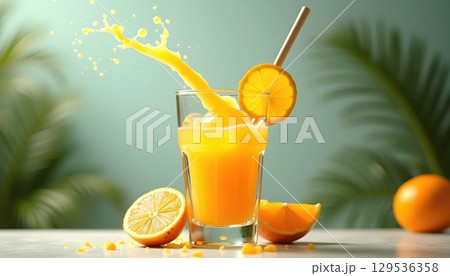 Macro Pouring Citrus Juice With Summer Refreshment 129536358