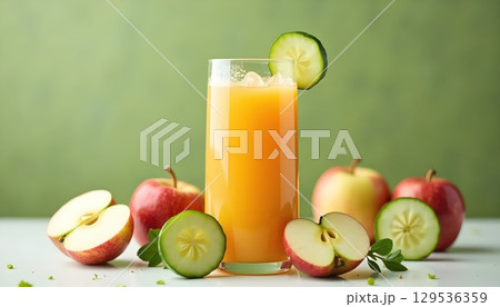 Detox Green Juice Display With Apple And Cucumber Elements 129536359