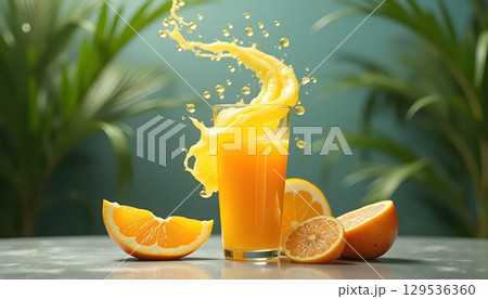 Close-Up Tropical Juice Stream With Lemon In Glass 129536360