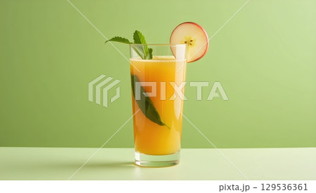 Stylized Green Juice With Apple Slice Top And Cucumber Base 129536361