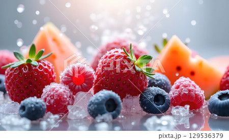 ixed Berries and Fruits Frozen in Splash Motion ixed Berries and Fruits Frozen in Splash Motion 129536379