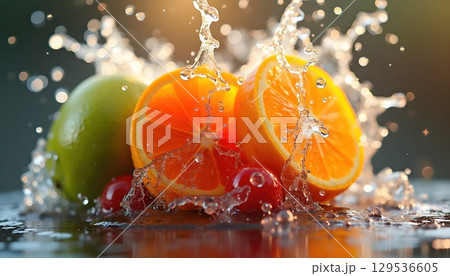 High-Speed Water Motion Surrounding Assorted Summer Fruits 129536605