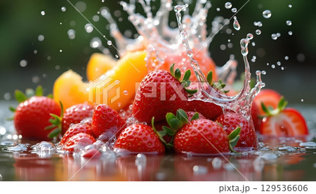 Vibrant Fruit Mix Captured with Splashes in Motion 129536606