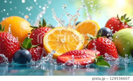 Mixed Fruits in Mid-Air with Dramatic Water Effects 129536607