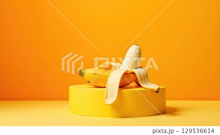 Artistic Composition of Peeled Banana with Orange Background 129536614