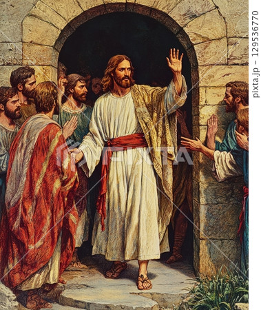group of men gather around as Jesus steps out from stone tomb. Their expressions reflect mix of wonder and astonishment in biblical context emphasizing significant moment. 129536770