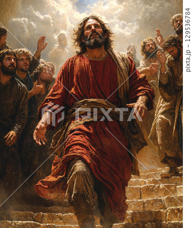 man dressed in flowing red robes ascends stone steps surrounded enthusiastic crowd. sky is filled dramatic clouds illuminating scene during sunset. man dressed in flowing red robes ascends stone steps surrounded enthusiastic crowd. sky is filled dramatic clouds illuminating scene during sunset. 129536784