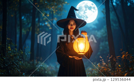 ハロウィンの可愛い魔女（AI生成画像） 129536844