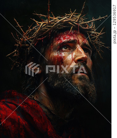bearded man gazes upward crown of thorns on his head his face marked blood and pain. dark backdrop emphasizes his emotional struggle and suffering. 129536917
