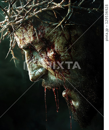 solemn figure crown of thorns demonstrates deep suffering and anguish. Blood drips down face highlighting intense expression dim dramatic lighting. 129536928
