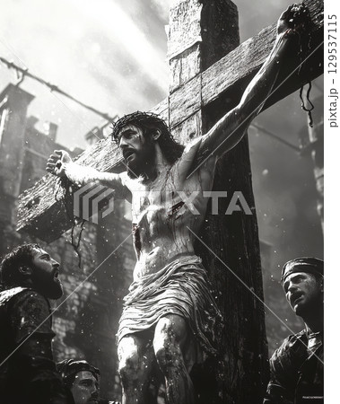 powerful portrayal of figure on wooden cross embodying sacrifice and suffering. Surrounding individuals display deep emotions set against gritty atmospheric backdrop. 129537115