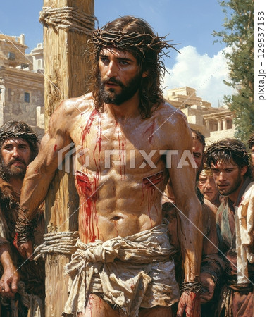 man crown of thorns stands bound wooden post displaying signs of suffering and blood. 129537153