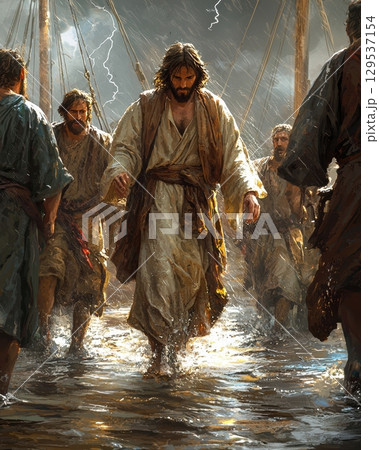 In dramatic moment Jesus walks across turbulent waters during storm disciples watching in awe. Dark clouds and lightning enhance sense of miraculous event. 129537154