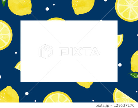 水彩で描いた爽やかなレモンの長方形フレーム  紺色 129537170